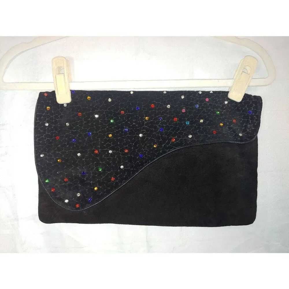 Vintage Women's Black Suede Multicolored Rhinestone Embellished Clutch Bag